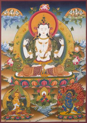 Large Chengrezig Thangka Painting | Avalokiteshvara Tibetan Wall Hanging